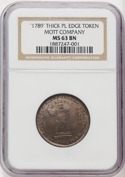 1789 Mott Token Thick Planchet Plain Edge BN Colonials NGC MS63