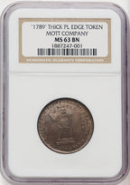 1789 Mott Token Thick Planchet Plain Edge BN Colonials NGC MS63