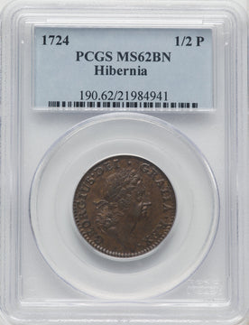 1724 Hibernia Halfpenny BN Colonials PCGS MS62