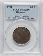 1724 Hibernia Halfpenny BN Colonials PCGS MS62