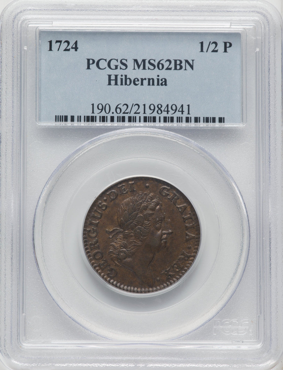 1724 Hibernia Halfpenny BN Colonials PCGS MS62
