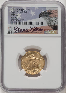 2021-W T2 $10 Quarter Ounce Gold Eagle With W Unfinished Proof Dies NGC MS70 Norris
