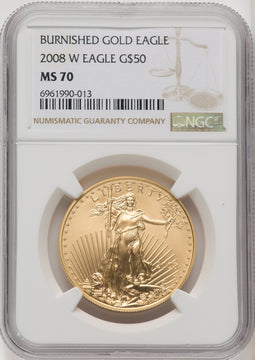 2008-W $50 One-Ounce Gold Eagle Burnished Brown Label NGC MS70