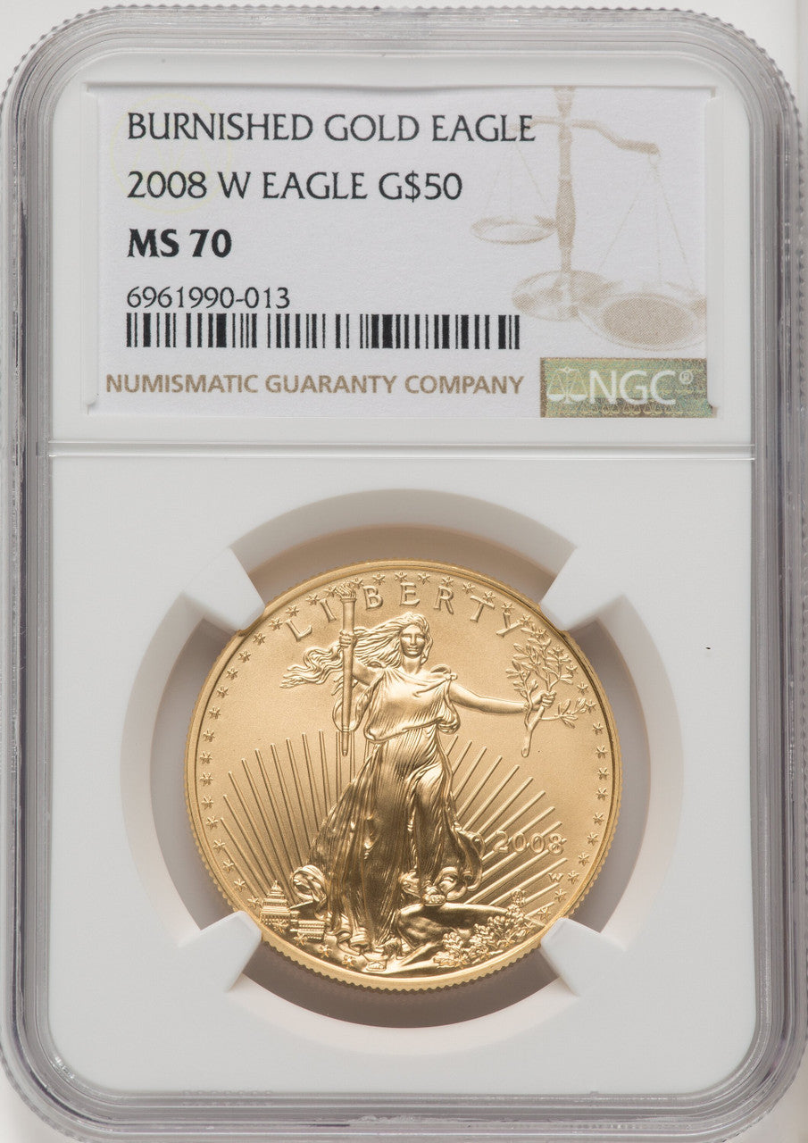 2008-W $50 One-Ounce Gold Eagle Burnished Brown Label NGC MS70