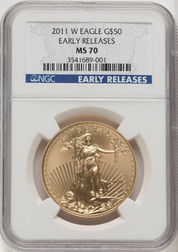 2011-W $50 One-Ounce Gold Eagle 25th Anniversary First Strike ER Blue NGC MS70