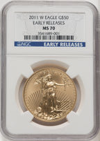2011-W $50 One-Ounce Gold Eagle 25th Anniversary First Strike ER Blue NGC MS70