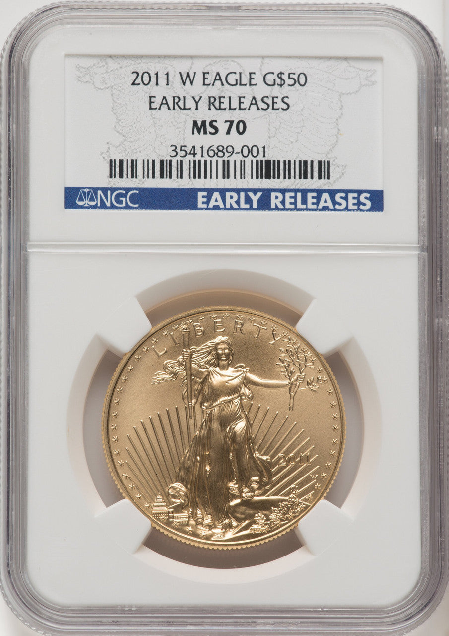 2011-W $50 One-Ounce Gold Eagle 25th Anniversary First Strike ER Blue NGC MS70