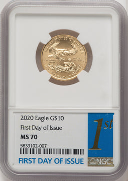 2020 $10 Quarter Ounce Gold Eagle First Day of Issue FDI 1ST NGC MS70