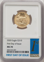 2020 $10 Quarter Ounce Gold Eagle First Day of Issue FDI 1ST NGC MS70