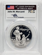 2020-W $100 One Ounce Platinum Eagle Happiness First Day of Issue Mercanti Flag Signature PRDC FDI John Mercanti PCGS PR70