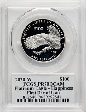 2020-W $100 One Ounce Platinum Eagle Happiness First Day of Issue Mercanti Flag Signature PRDC FDI John Mercanti PCGS PR70