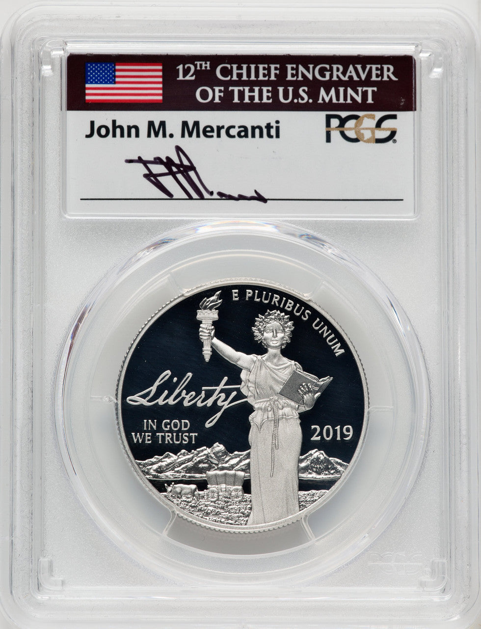 2019-W $100 One-Ounce Platinum Eagle Liberty First Day of Issue Mercanti Flag FDI John Mercanti PCGS PR70