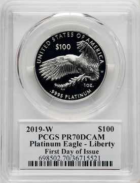 2019-W $100 One-Ounce Platinum Eagle Liberty First Day of Issue Mercanti Flag FDI John Mercanti PCGS PR70