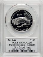 2019-W $100 One-Ounce Platinum Eagle Liberty First Day of Issue Mercanti Flag FDI John Mercanti PCGS PR70