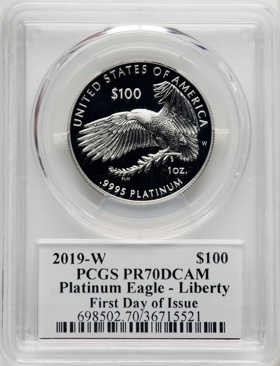 2019-W $100 One-Ounce Platinum Eagle Liberty First Day of Issue Mercanti Flag FDI John Mercanti PCGS PR70