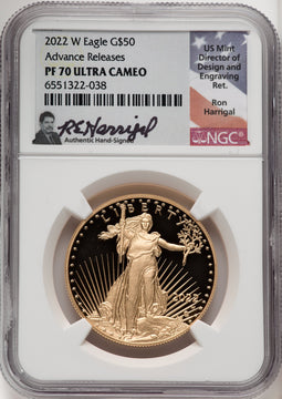2022-W G$50 One Ounce Gold Eagle Advance Release NGC PF70 Harrigal Signed