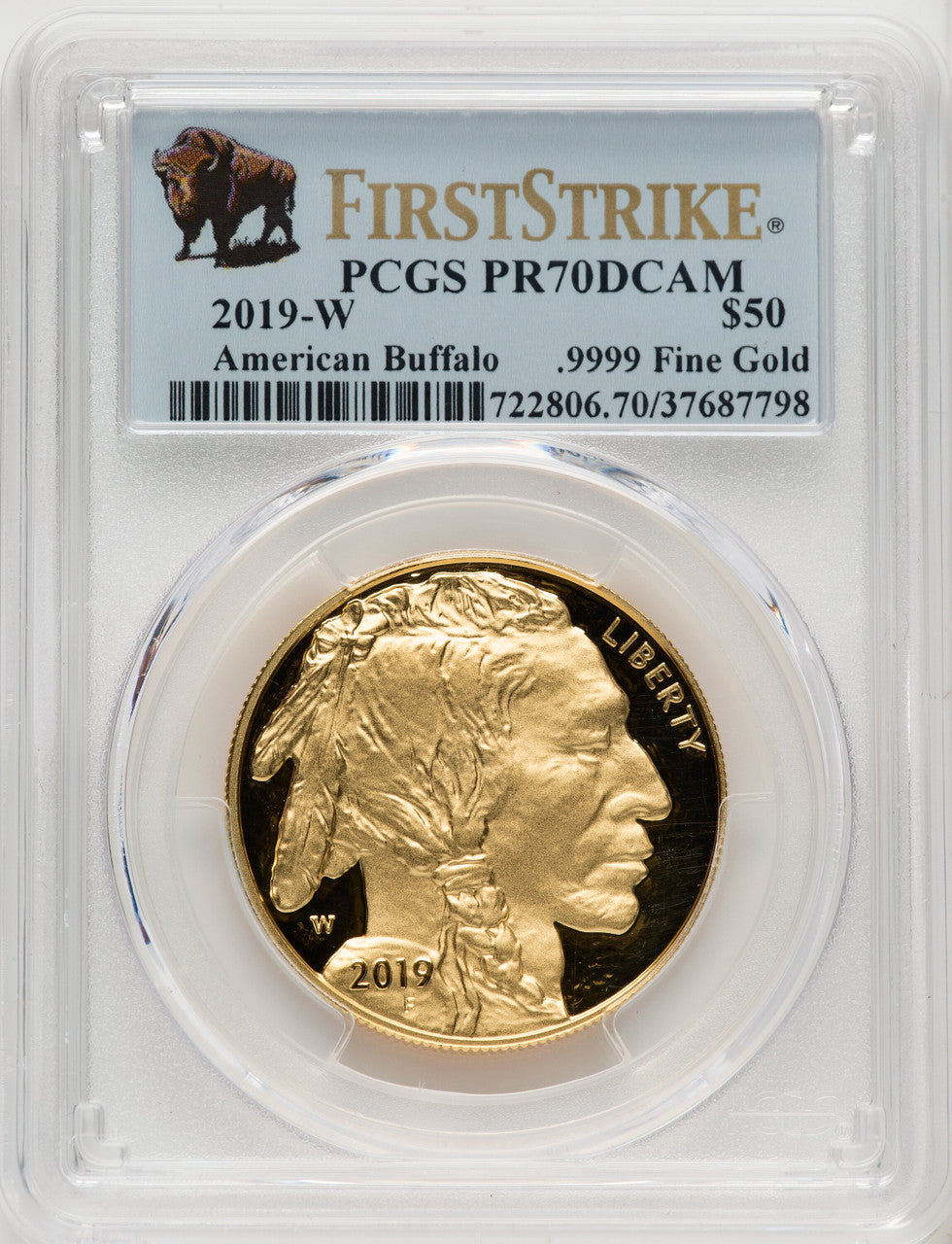 2019-W $50 One-Ounce American Buffalo .9999 Fine Gold First Strike FS Bison Label PCGS PR70
