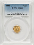 1853-O G$1 Gold Dollar PCGS MS63