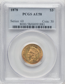 1878 $3 Three Dollar Gold Pieces PCGS AU58 (771333003)
