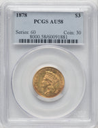 1878 $3 Three Dollar Gold Pieces PCGS AU58 (771333003)