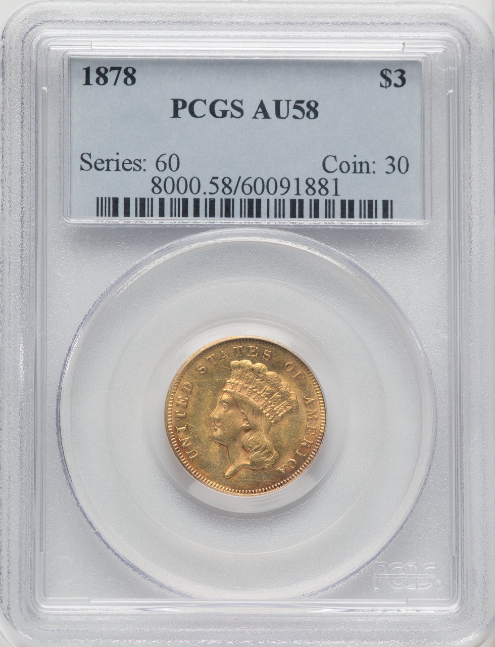 1878 $3 Three Dollar Gold Pieces PCGS AU58 (771333003)