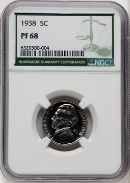 1938 5C Green Label Proof Jefferson Nickel NGC PR68
