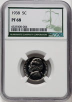 1938 5C Green Label Proof Jefferson Nickel NGC PR68