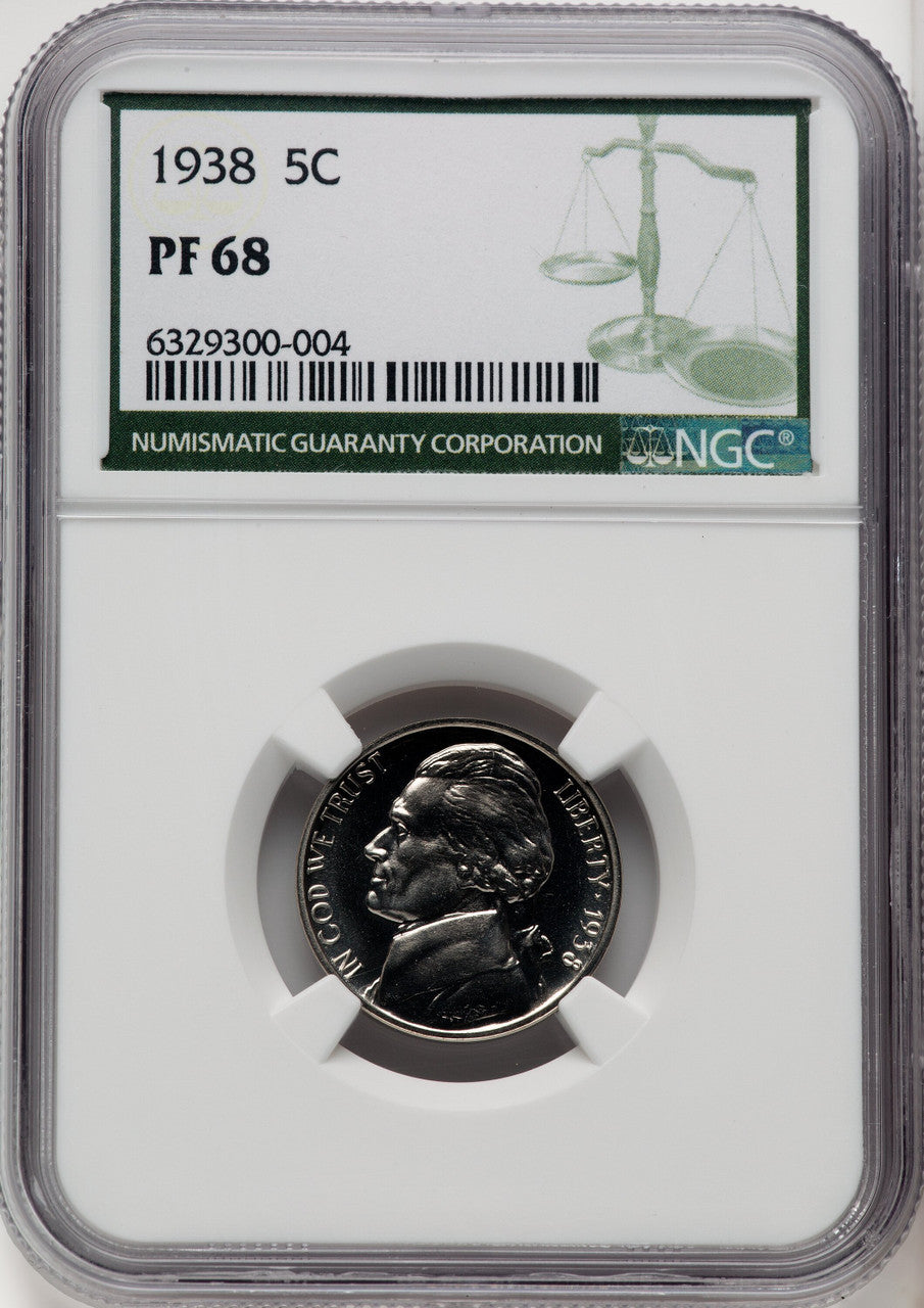 1938 5C Green Label Proof Jefferson Nickel NGC PR68