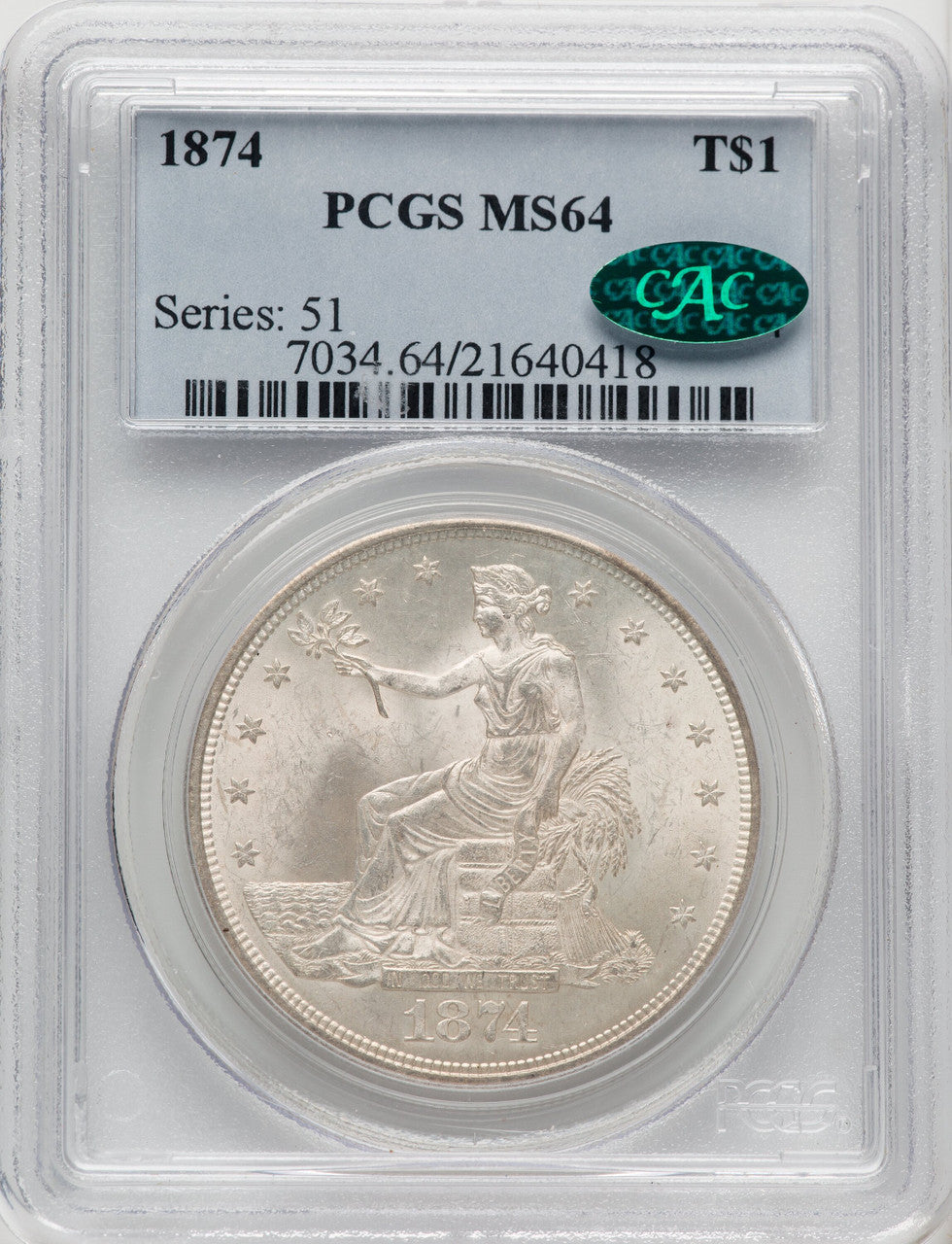 1874 T$1 CAC Trade Dollar PCGS MS64
