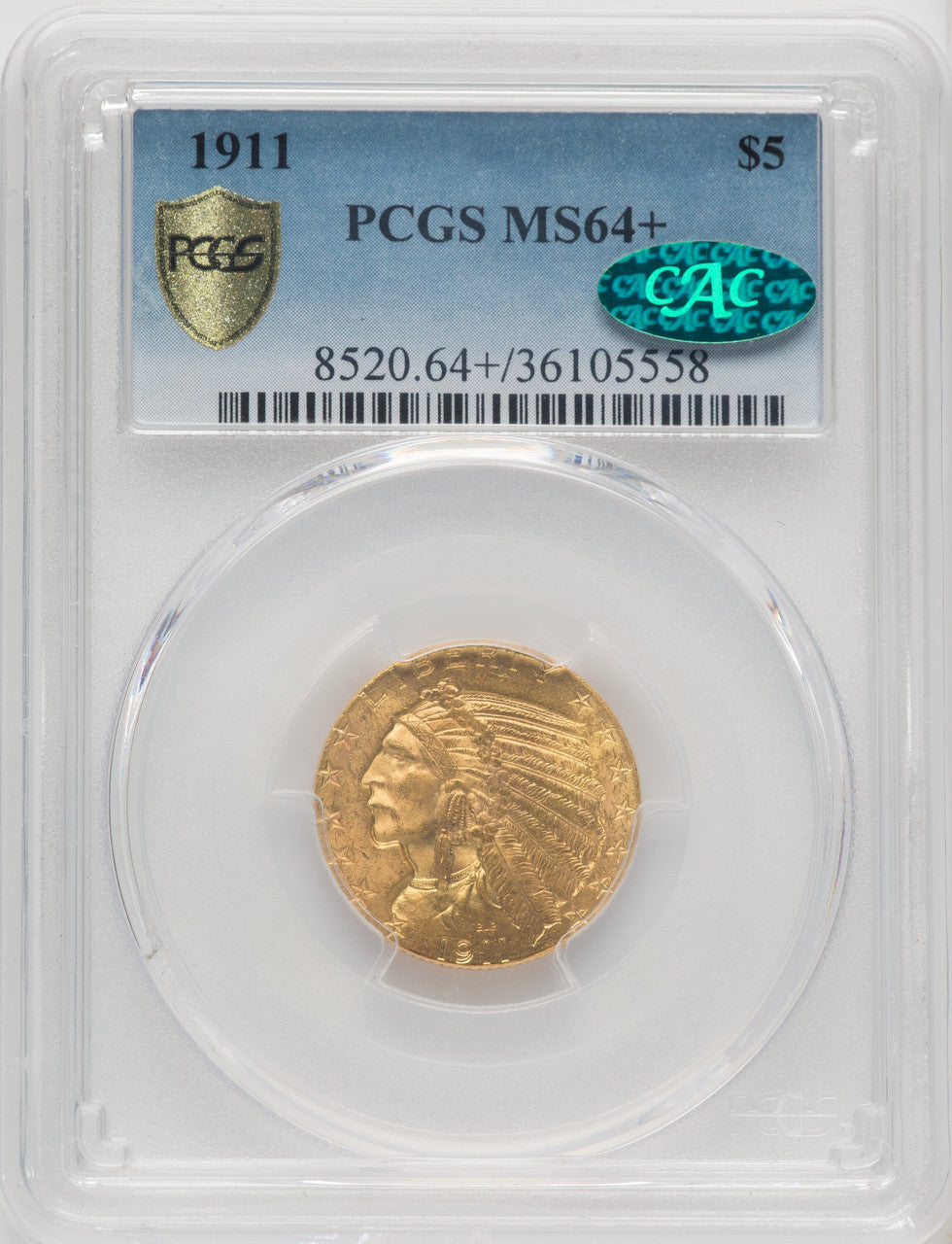 1911 $5 CAC Indian Half Eagle PCGS MS64+