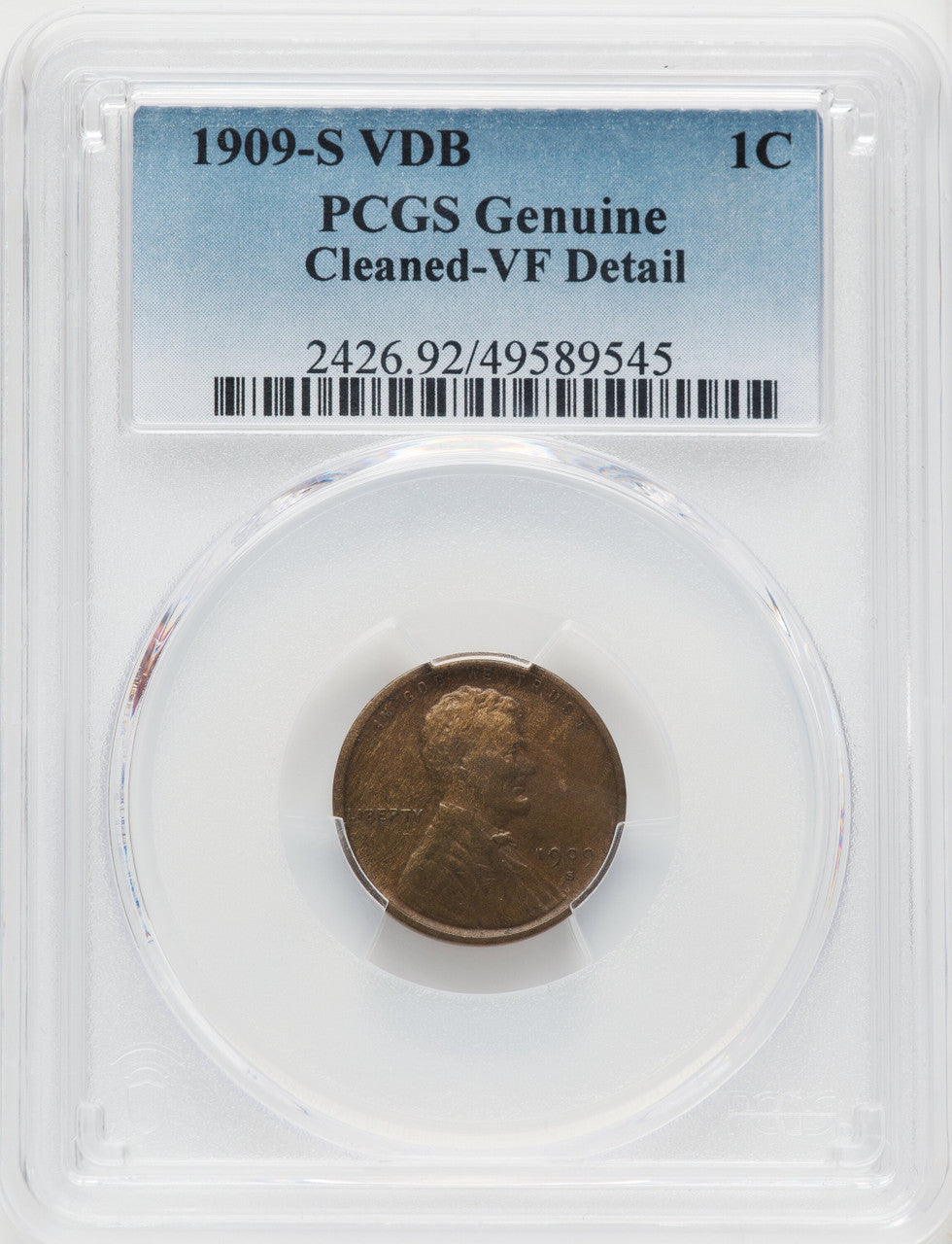 1909-S 1C VDB BN Lincoln Cent Genuine PCGS VF20 (519806013)