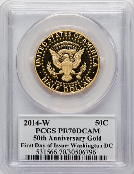 2014-W 50C Kennedy Gold 50th Anniversary First Day of Issue - Washington Proof Kennedy Half Dollar PCGS PR70 (771600002)