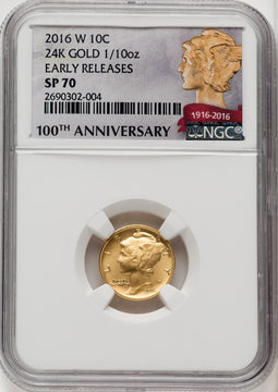 2016-W 10C Mercury Dime Gold 100th Anniversary First Strike NGC MS70 (771437002)