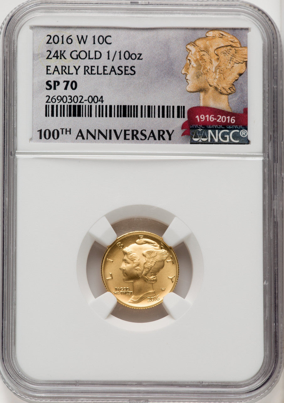 2016-W 10C Mercury Dime Gold 100th Anniversary First Strike NGC MS70 (771437002)