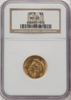 1878 $3 Three Dollar Gold Pieces NGC MS63 (771262002)