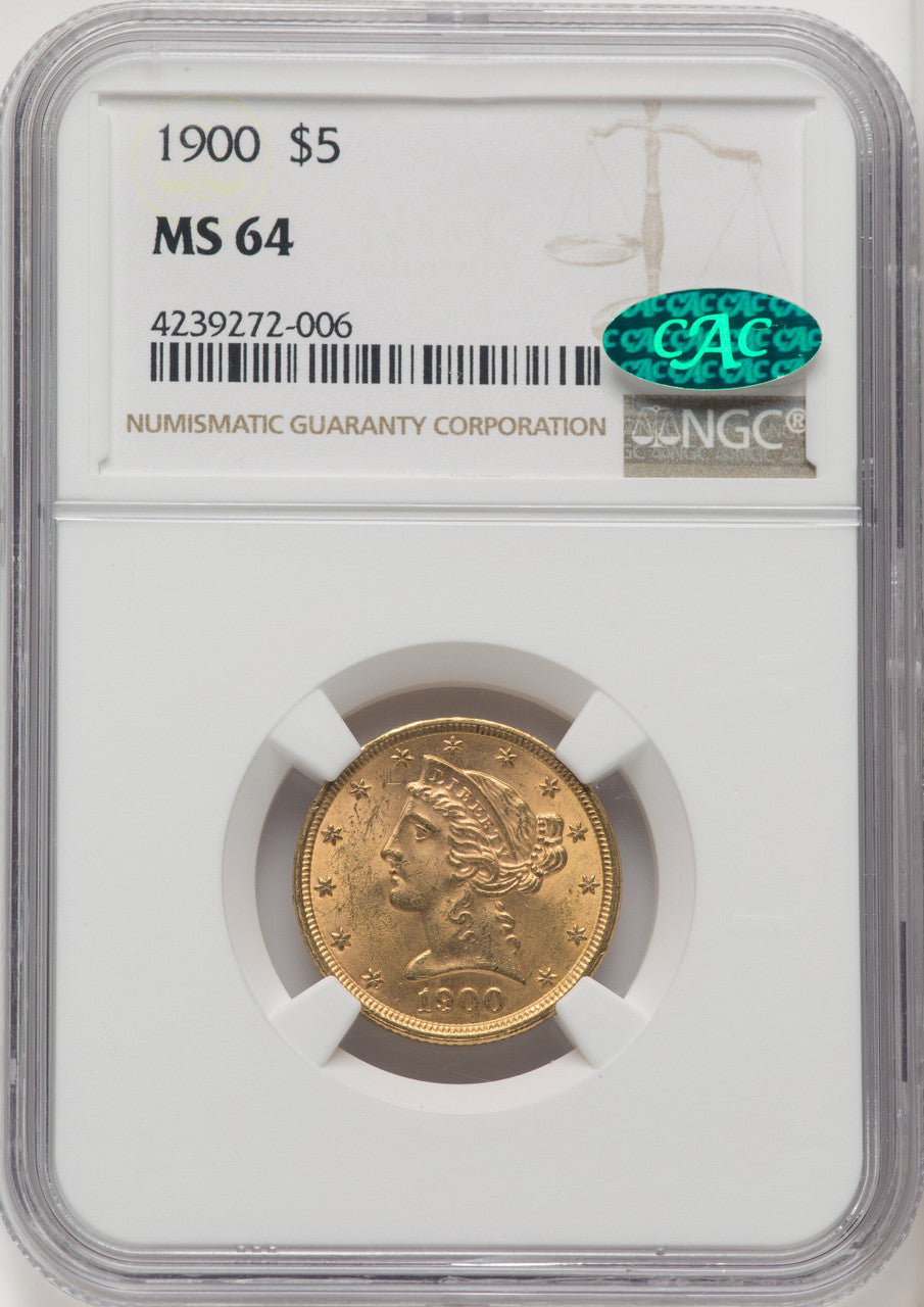 1900 $5 CAC Brown Label Liberty Half Eagle NGC MS64