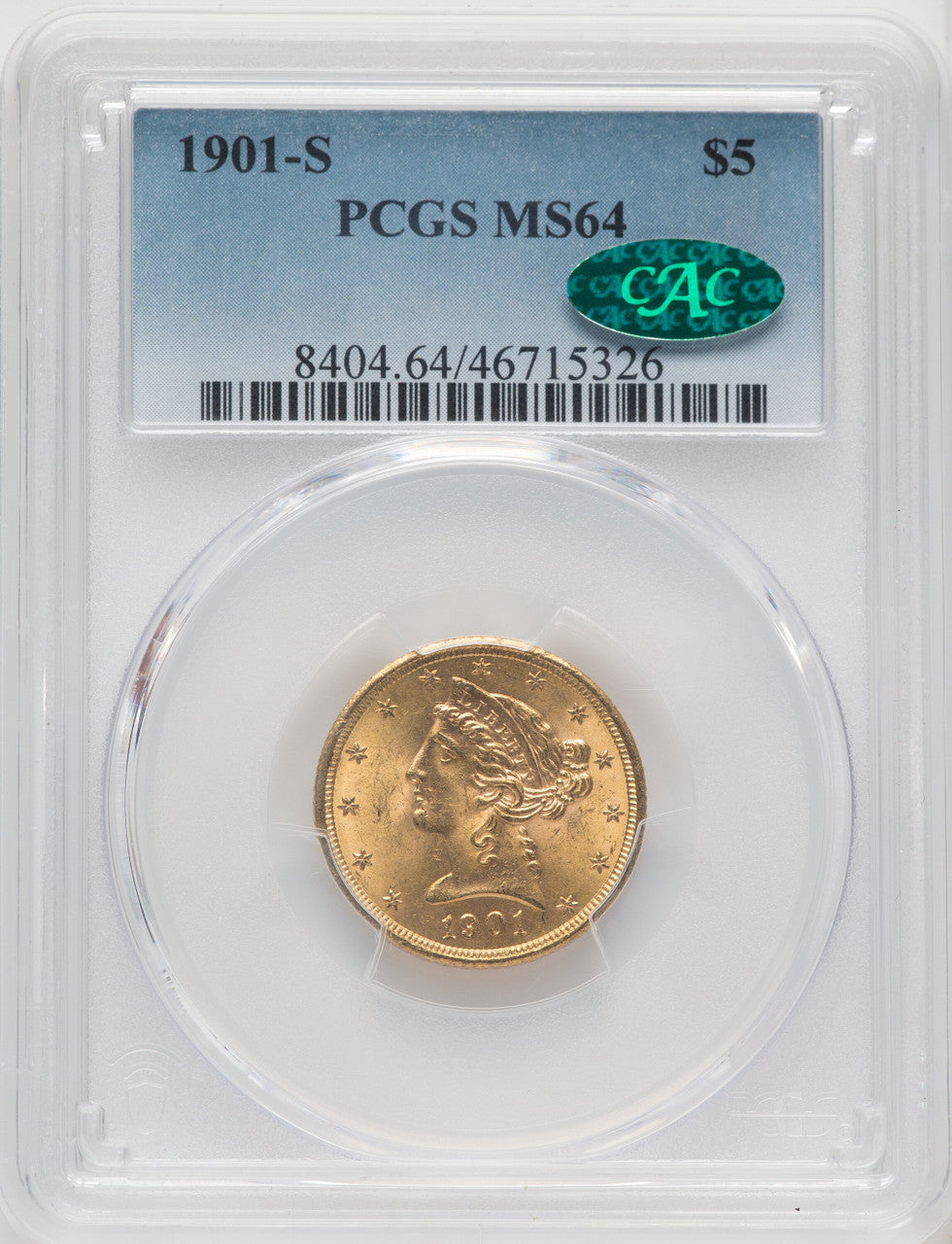 1901-S $5 CAC Blue Gradient Liberty Half Eagle PCGS MS64