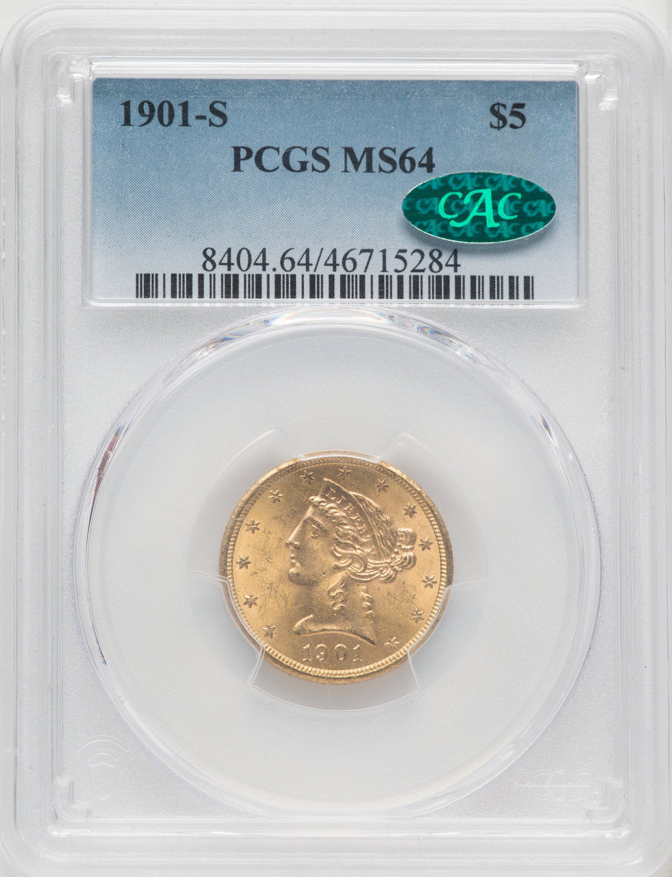 1901-S $5 CAC Blue Gradient Liberty Half Eagle PCGS MS64 (771227003)