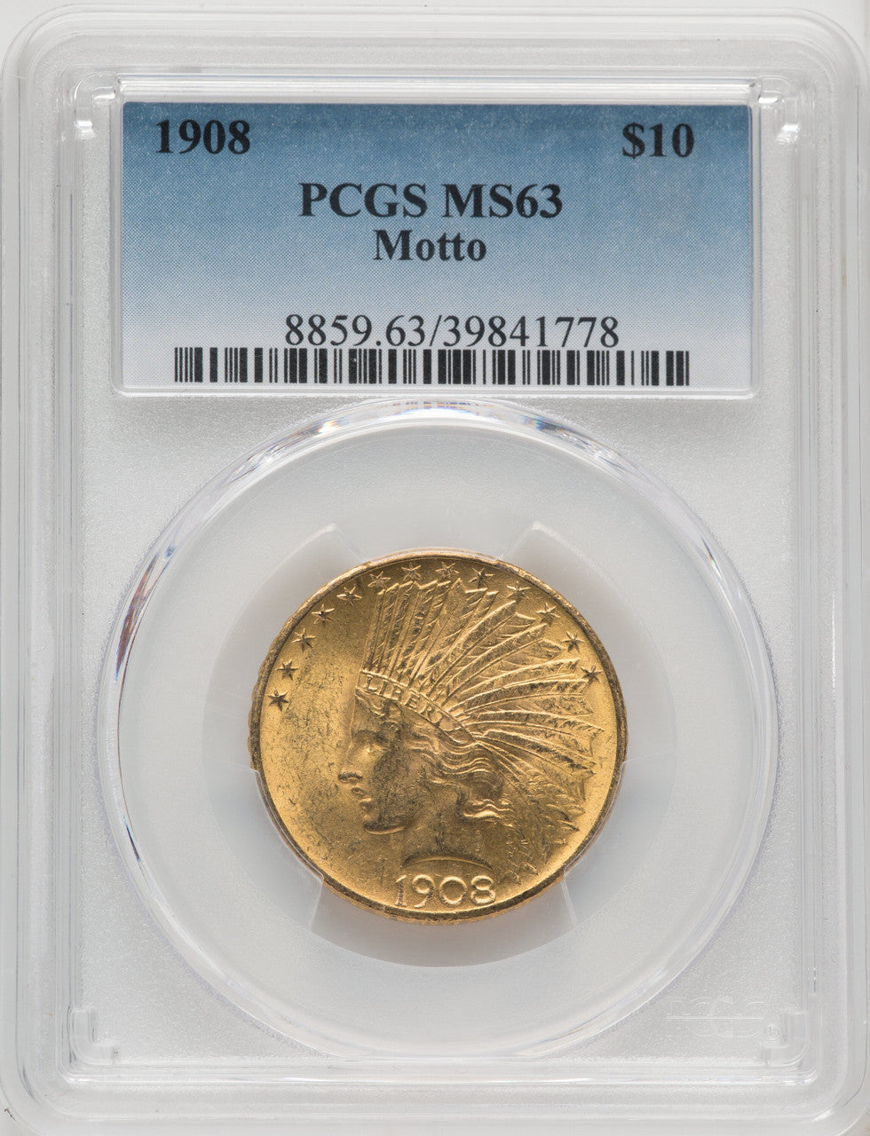 1908 $10 MOTTO Blue Gradient Indian Eagle PCGS MS63