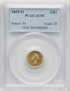 1855-O G$1 Gold Dollar PCGS AU58
