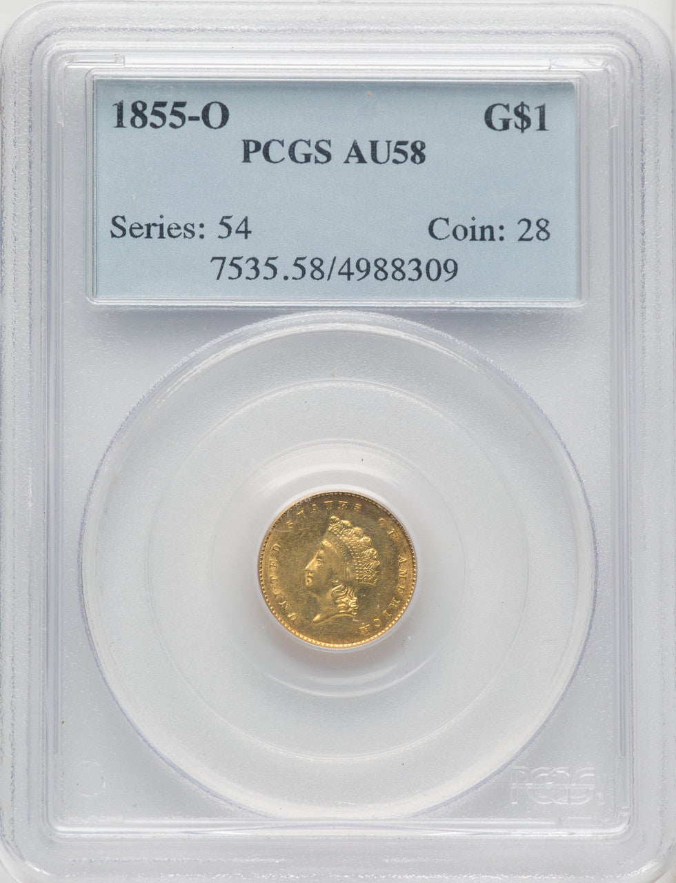 1855-O G$1 Gold Dollar PCGS AU58