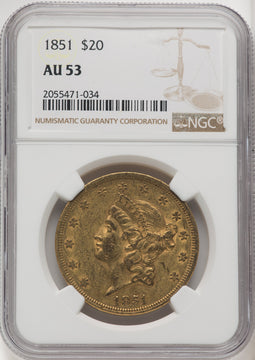 1851 $20 Brown Label Liberty Double Eagle NGC AU53