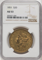 1851 $20 Brown Label Liberty Double Eagle NGC AU53