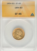 1854 $3 Three Dollar Gold Pieces ANACS XF45