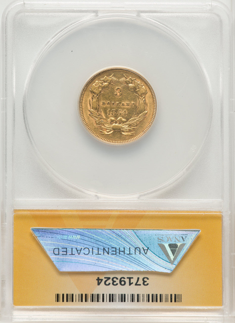 1854 $3 Three Dollar Gold Pieces ANACS XF45
