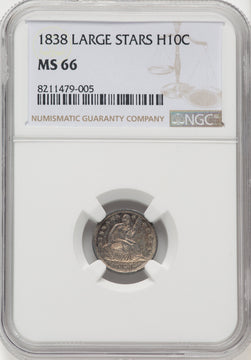 1838 H10C NO DRAPERY Seated Half Dime NGC MS66