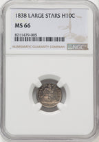 1838 H10C NO DRAPERY Seated Half Dime NGC MS66
