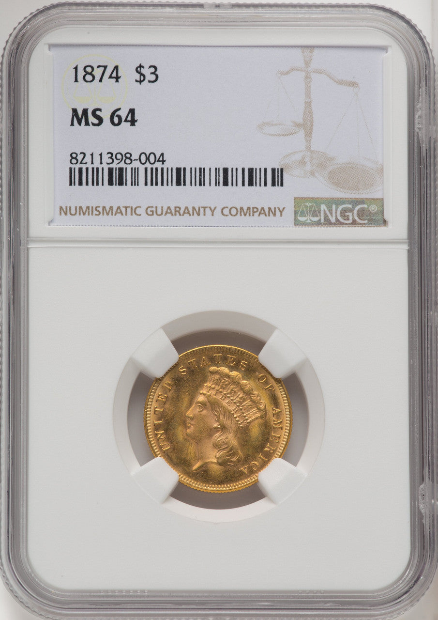 1874 $3 Three Dollar Gold Pieces NGC MS64 (771004005)