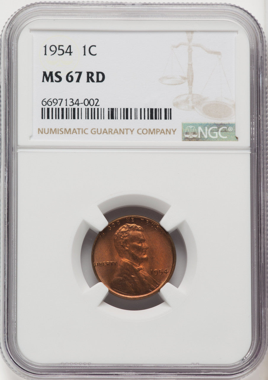 1954 1C RD Lincoln Cent NGC MS67 (767614006)