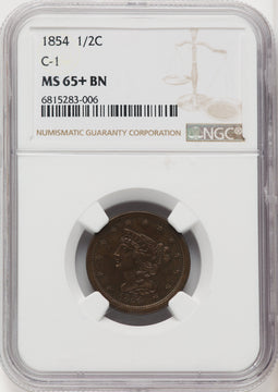 1854 1/2 C C-1 BN Half Cent NGC MS65+